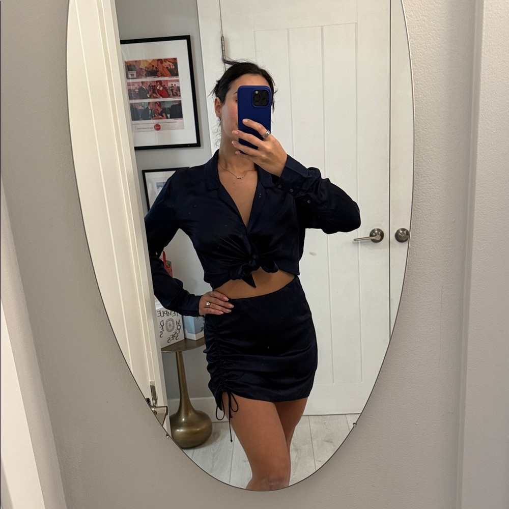 Wilfred Navy Satin Mini Skirt button up blouse Set